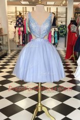 Lavender Tulle Zipper Dress for Prom Sleeveless Knee Length Beading