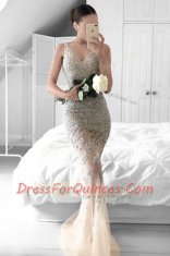 Sumptuous Mermaid Zipper Prom Evening Gown Champagne for Prom with Beading and Lace Sweep Train