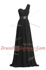 Black One Shoulder Zipper Ruching and Belt Prom Party Dress Sleeveless