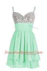 Apple Green Chiffon Zipper Prom Party Dress Sleeveless Mini Length Beading and Ruching