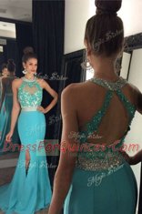 Nice Halter Top Beading and Appliques Prom Party Dress Aqua Blue Zipper Sleeveless With Brush Train