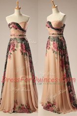 Most Popular Champagne Chiffon Zipper Strapless Sleeveless Floor Length Dress for Prom Embroidery