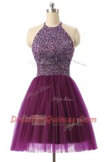 Halter Top Purple Sleeveless Knee Length Sequins Zipper Prom Dresses