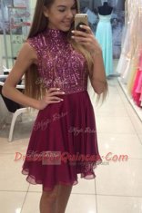 Halter Top Knee Length Fuchsia Homecoming Dress Chiffon Sleeveless Beading
