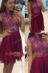 Halter Top Knee Length Fuchsia Homecoming Dress Chiffon Sleeveless Beading