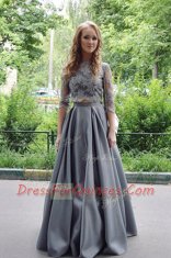 Grey A-line Satin Scoop 3 4 Length Sleeve Lace Floor Length Zipper Prom Dresses