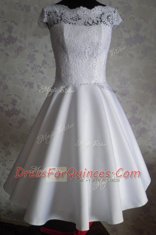 White Zipper Bateau Lace Prom Evening Gown Satin Cap Sleeves