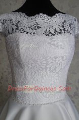 White Zipper Bateau Lace Prom Evening Gown Satin Cap Sleeves