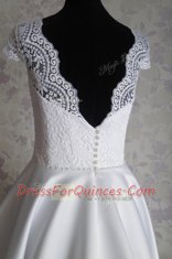 White Zipper Bateau Lace Prom Evening Gown Satin Cap Sleeves