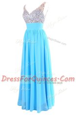 Classical Floor Length Column/Sheath Sleeveless Aqua Blue Evening Dress Zipper