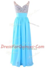 Classical Floor Length Column/Sheath Sleeveless Aqua Blue Evening Dress Zipper
