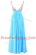 Classical Floor Length Column/Sheath Sleeveless Aqua Blue Evening Dress Zipper