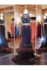 Elastic Woven Satin Scoop Sleeveless Brush Train Zipper Beading and Appliques Prom Dress in Black