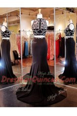 Elastic Woven Satin Scoop Sleeveless Brush Train Zipper Beading and Appliques Prom Dress in Black