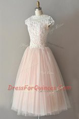 Delicate A-line Prom Gown Pink Bateau Tulle Cap Sleeves Knee Length Zipper