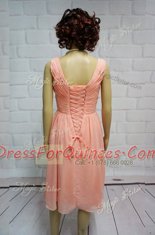 Top Selling Peach Sleeveless Knee Length Ruching Lace Up