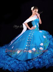 Baby Blue Sleeveless Embroidery and Ruffles Floor Length Ball Gown Prom Dress