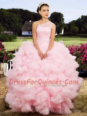 Cute One Shoulder Floor Length Ball Gowns Sleeveless Baby Pink Vestidos de Quinceanera Lace Up