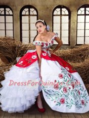 Best Selling Off the Shoulder Cap Sleeves Organza and Taffeta Floor Length Lace Up 15th Birthday Dress in White and Red with Embroidery and Ruffled Layers