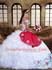 Best Selling Off the Shoulder Cap Sleeves Organza and Taffeta Floor Length Lace Up 15th Birthday Dress in White and Red with Embroidery and Ruffled Layers