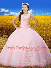 Scoop Baby Pink Tulle Lace Up Sweet 16 Quinceanera Dress Sleeveless Floor Length Beading and Lace and Embroidery