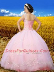 Scoop Baby Pink Tulle Lace Up Sweet 16 Quinceanera Dress Sleeveless Floor Length Beading and Lace and Embroidery