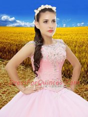 Scoop Baby Pink Tulle Lace Up Sweet 16 Quinceanera Dress Sleeveless Floor Length Beading and Lace and Embroidery