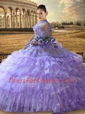 Sexy Lavender Sweet 16 Dresses Military Ball and Sweet 16 and Quinceanera and For with Beading and Embroidery and Ruffled Layers High-neck Long Sleeves Lace Up