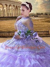 Sexy Lavender Sweet 16 Dresses Military Ball and Sweet 16 and Quinceanera and For with Beading and Embroidery and Ruffled Layers High-neck Long Sleeves Lace Up
