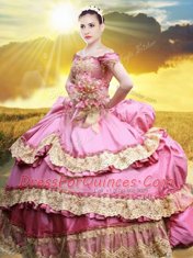 Edgy Pick Ups Floor Length Rose Pink Vestidos de Quinceanera Off The Shoulder Sleeveless Lace Up