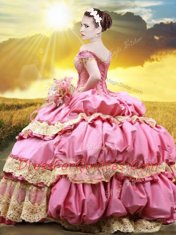 Edgy Pick Ups Floor Length Rose Pink Vestidos de Quinceanera Off The Shoulder Sleeveless Lace Up