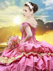 Edgy Pick Ups Floor Length Rose Pink Vestidos de Quinceanera Off The Shoulder Sleeveless Lace Up