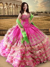 Captivating Ruffled Hot Pink Sleeveless Organza and Taffeta Lace Up Quinceanera Gown for Military Ball and Sweet 16 and Quinceanera