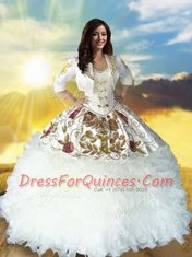 Super White Sweetheart Neckline Beading and Embroidery and Ruffles Sweet 16 Quinceanera Dress Sleeveless Lace Up