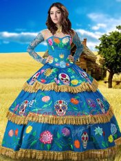 Extravagant Blue Taffeta Lace Up High-neck Long Sleeves Floor Length Quinceanera Dresses Lace and Embroidery