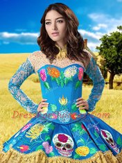 Extravagant Blue Taffeta Lace Up High-neck Long Sleeves Floor Length Quinceanera Dresses Lace and Embroidery
