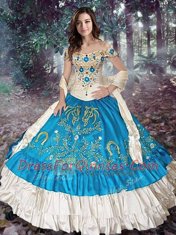 Edgy Off the Shoulder Teal Taffeta Lace Up Ball Gown Prom Dress Cap Sleeves Embroidery and Ruffled Layers