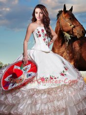 Beautiful Strapless Sleeveless Quinceanera Gown Floor Length Embroidery and Ruffled Layers White Organza and Taffeta