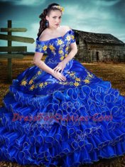 Clearance Off the Shoulder Royal Blue Ball Gowns Embroidery and Ruffled Layers Quinceanera Gowns Lace Up Organza Short Sleeves Floor Length