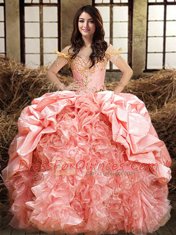 Off the Shoulder Sleeveless Floor Length Beading and Ruffles and Pick Ups Lace Up Quinceanera Gowns with Pink