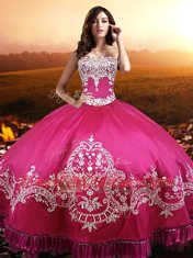 Sweetheart Sleeveless Sweet 16 Dress Floor Length Beading and Embroidery Hot Pink Taffeta