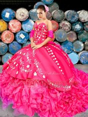 Eye-catching Hot Pink Lace Up Sweet 16 Quinceanera Dress Beading and Embroidery and Ruffles Sleeveless With Brush Train
