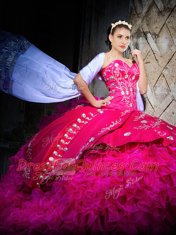 Eye-catching Hot Pink Lace Up Sweet 16 Quinceanera Dress Beading and Embroidery and Ruffles Sleeveless With Brush Train