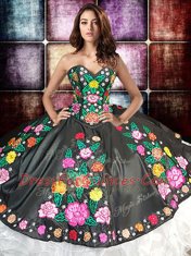 Shining Embroidery and Ruffles Quinceanera Gown White And Black Lace Up Sleeveless Floor Length