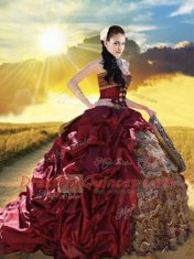 Pick Ups Ruffled Burgundy Sleeveless Taffeta and Lace Court Train Lace Up Sweet 16 Dress for Military Ball and Sweet 16 and Quinceanera