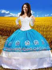 Fine Off The Shoulder 3 4 Length Sleeve Sweet 16 Dress Floor Length Lace and Embroidery Blue And White Taffeta