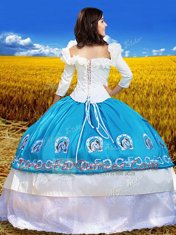Fine Off The Shoulder 3 4 Length Sleeve Sweet 16 Dress Floor Length Lace and Embroidery Blue And White Taffeta