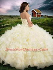 Best Selling Sleeveless Floor Length Beading and Ruffled Layers Lace Up Quinceanera Gown with Light Yellow