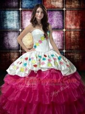 Fuchsia Ball Gowns Organza Sweetheart Sleeveless Embroidery and Ruffled Layers Floor Length Lace Up Quinceanera Gown