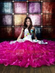 Fuchsia Ball Gowns Organza Sweetheart Sleeveless Embroidery and Ruffled Layers Floor Length Lace Up Quinceanera Gown